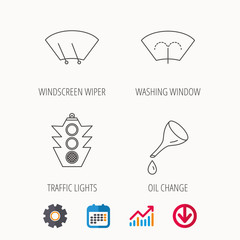 Motor oil change, traffic lights and wiper icons. Washing window, windscreen wiper linear signs. Calendar, Graph chart and Cogwheel signs. Download colored web icon. Vector