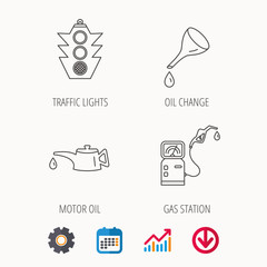 Fototapeta premium Motor oil change, traffic lights and gas station icons. Petrol station linear sign. Calendar, Graph chart and Cogwheel signs. Download colored web icon. Vector