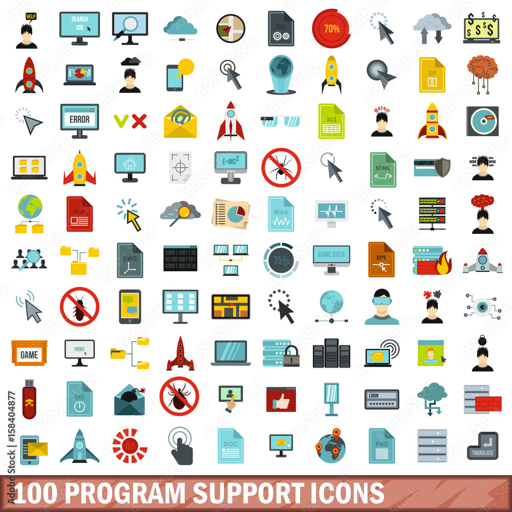 Poster 100 program support icons set, flat style