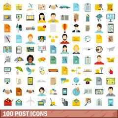 100 post icons set, flat style