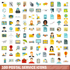 100 postal service icons set, flat style