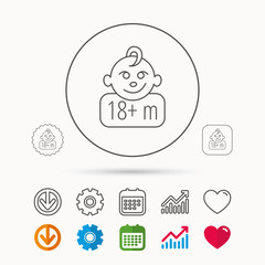 Baby face icon. Newborn child sign. Use of one and half year and plus symbol. Calendar, Graph chart and Cogwheel signs. Download and Heart love linear web icons. Vector