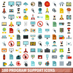 100 program support icons set, flat style