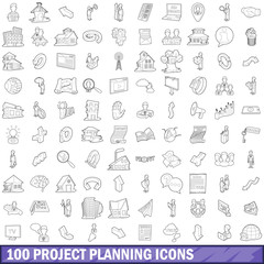 100 project planning icons set, outline style