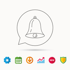 Bell icon. Sound sign. Alarm handbell symbol. Calendar, Graph chart and Cogwheel signs. Download and Shield web icons. Vector