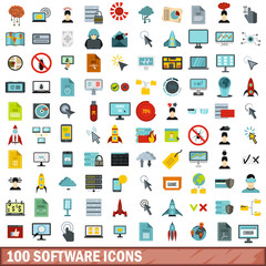 100 software icons set, flat style