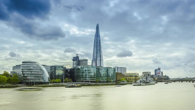 Cityscape London, The Thames, The Shard, city of London, cloudy sky, Time-lapse - April 2017 - Zoom In