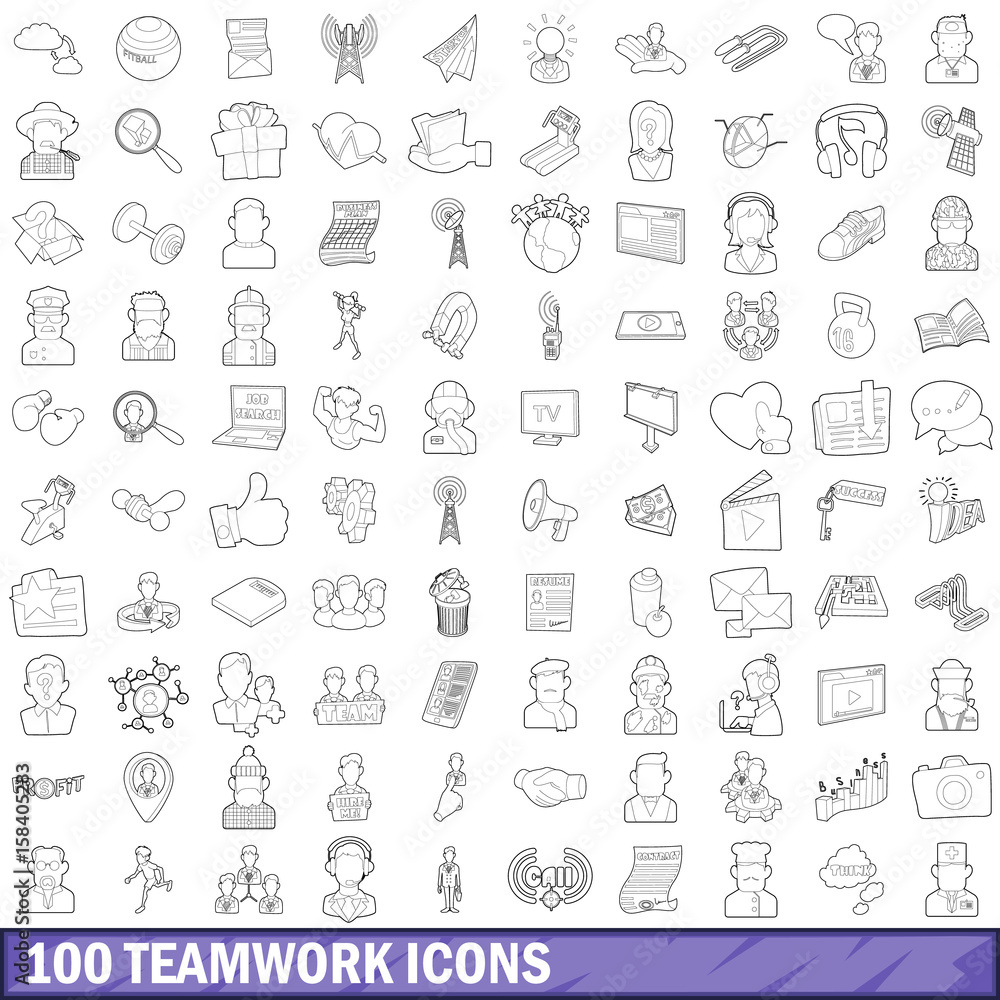 Wall mural 100 teamwork icons set, outline style