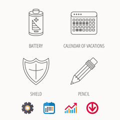 Battery, calendar and pencil icons. Vacations, shield protection linear signs. Calendar, Graph chart and Cogwheel signs. Download colored web icon. Vector