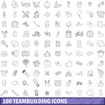 100 teambuilding icons set, outline style