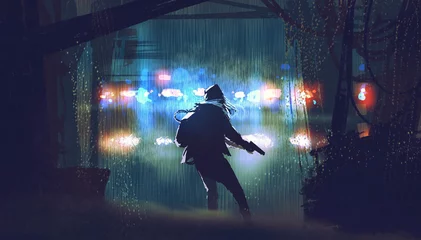 Fototapeten Szene des Diebes mit der Waffe, die in der regnerischen Nacht vom Licht des Polizeiautos gefangen wird, mit digitalem Kunststil, Illustrationsmalerei © grandfailure