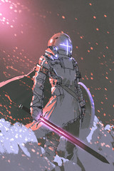 sci-fi character of futuristic knight with glowing sword and shield, digital art style, illustration painting © grandfailure