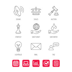 Strategy, auction and scales of justice icons. Save planet, water and lamp lightbulb linear signs. Faq and law hammer flat line icons. Report document, Graph chart and Calendar signs. Vector