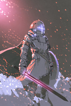 sci-fi character of futuristic knight with glowing sword and shield, digital art style, illustration painting
