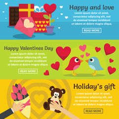 Saint Valentine banner horizontal set, flat style