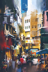 people walking in city street with digital art style, illustration painting