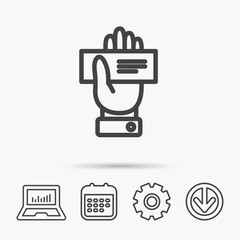 Cheque icon. Giving hand sign. Paying check in palm symbol. Notebook, Calendar and Cogwheel signs. Download arrow web icon. Vector
