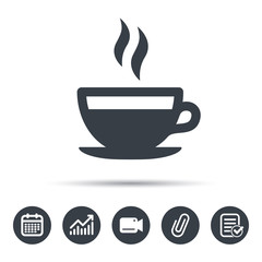 Coffee cup icon. Hot tea drink symbol. Calendar, chart and checklist signs. Video camera and attach clip web icons. Vector