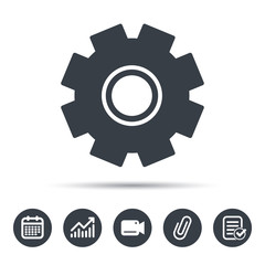 Obraz premium Cogwheel icon. Repair service symbol. Calendar, chart and checklist signs. Video camera and attach clip web icons. Vector