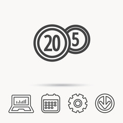 Coins icon. Cash money sign. Bank finance symbol. Twenty and five cents. Notebook, Calendar and Cogwheel signs. Download arrow web icon. Vector