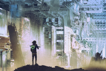 sci-fi concept of the traveler take picture of abstract futuristic city with digital art style, illustration painting