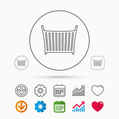 Baby crib bed icon. Child cradle sign. Newborn sleeping cot symbol. Calendar, Graph chart and Cogwheel signs. Download and Heart love linear web icons. Vector