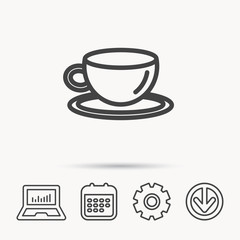 Coffee cup icon. Tea or hot drink sign. Notebook, Calendar and Cogwheel signs. Download arrow web icon. Vector
