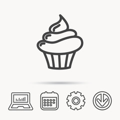 Cupcake icon. Dessert cake sign. Delicious bakery food symbol. Notebook, Calendar and Cogwheel signs. Download arrow web icon. Vector