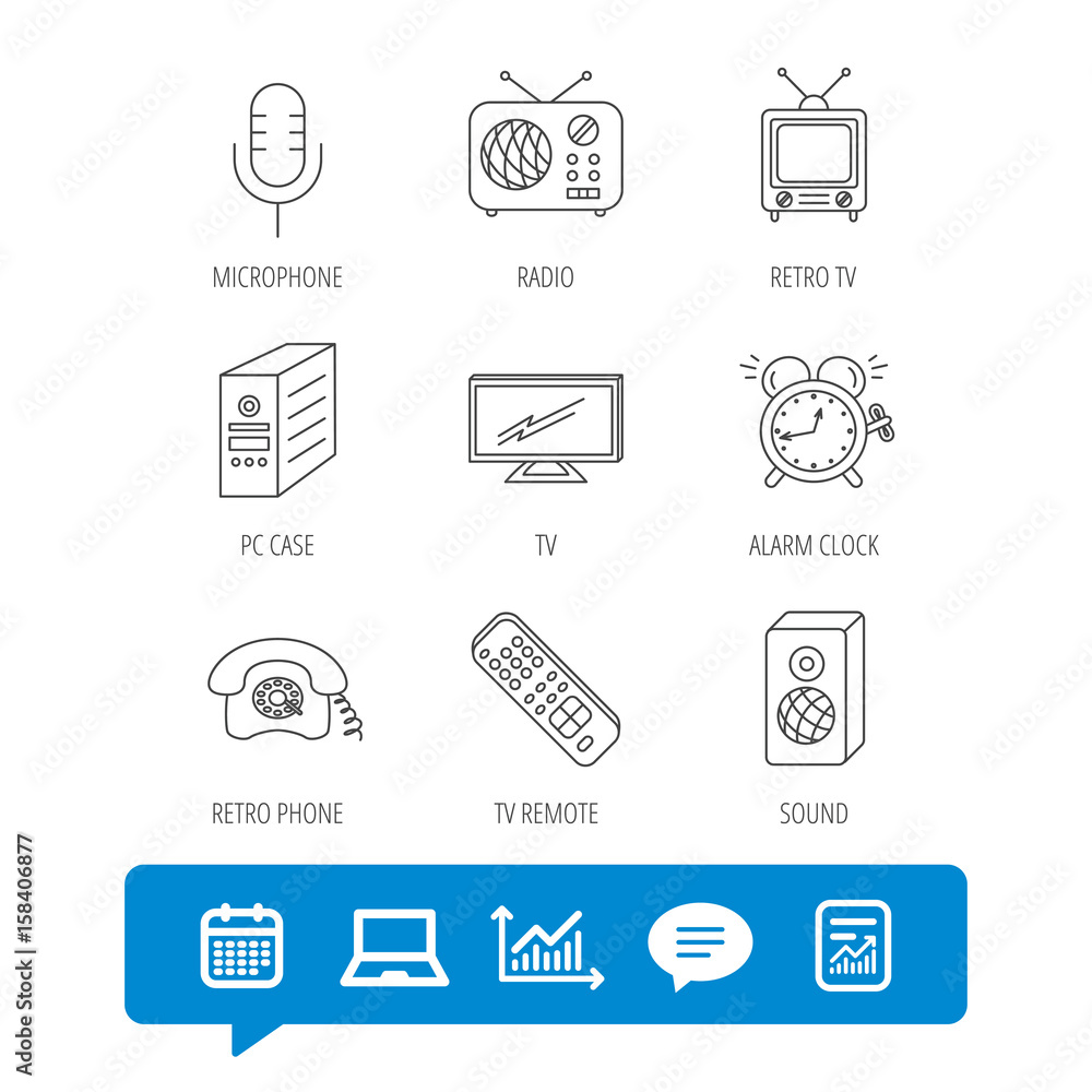 Poster tv remote, retro phone and radio icons. pc case, microphone and alarm clock linear signs. report fil