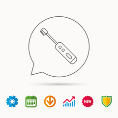Electric toothbrush icon. Tooth cleaning sign. Calendar, Graph chart and Cogwheel signs. Download and Shield web icons. Vector
