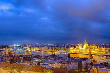 Parliament and riverside in Budapest Hungary during blue hour sunset