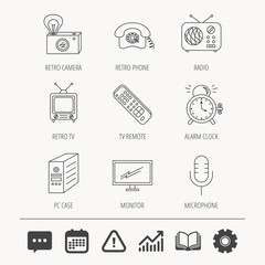 Retro camera, radio and phone call icons. Monitor, PC case and microphone linear signs. TV remote, alarm clock icons. Education book, Graph chart and Chat signs. Vector