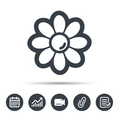 Flower icon. Florist plant with petals symbol. Calendar, chart and checklist signs. Video camera and attach clip web icons. Vector