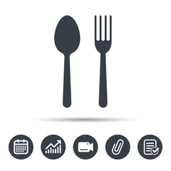 Food icons. Fork and spoon signs. Cutlery symbol. Calendar, chart and checklist signs. Video camera and attach clip web icons. Vector