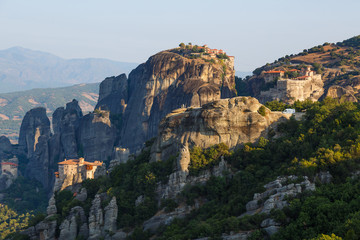 Greece. Meteora - incredible sandstone rock formations. The Holly Monastery at sunrise