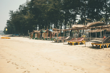 Goa, India, the beach of Arambol. Idyllic tropical sandy beach with palm trees.