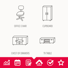 Cupboard, TV table and office chair icons. Chest of drawers linear sign. Edit document, Calendar and Graph chart signs. Star, Check and House web icons. Vector