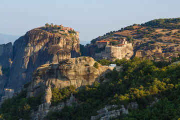 Greece. Meteora - incredible sandstone rock formations. The Holly Monastery at sunrise
