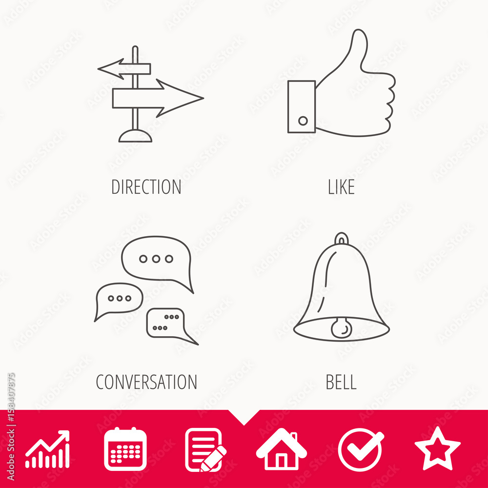 Poster direction, thumb up and conversation icons. bell linear sign. edit document, calendar and graph char