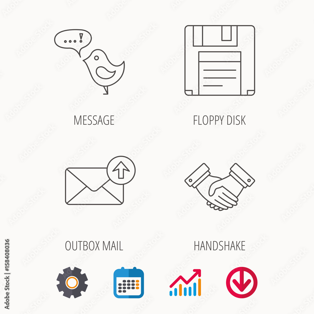 Poster outbox mail, message and handshake icons. floppy disk linear sign. calendar, graph chart and cogwhee