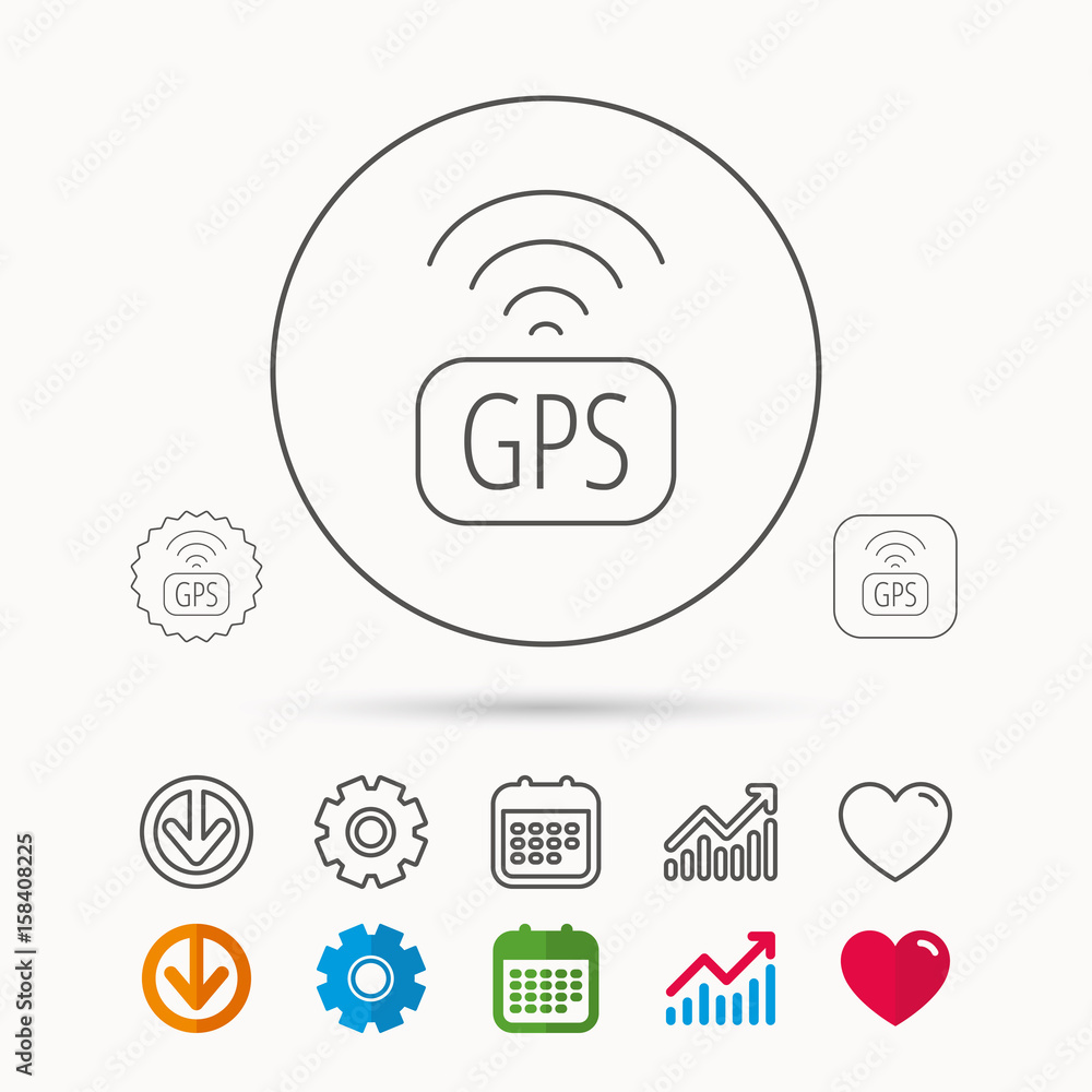 Poster gps navigation icon. map positioning sign. wireless signal symbol. calendar, graph chart and cogwhee