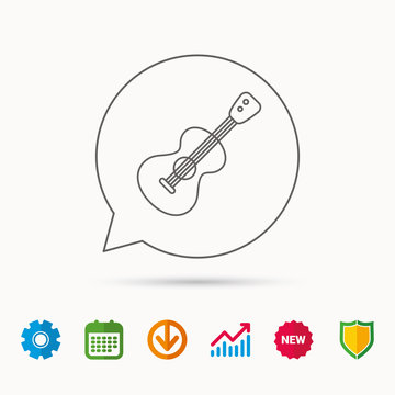 Guitar icon. Musical instrument sign. Band guitarist symbol. Calendar, Graph chart and Cogwheel signs. Download and Shield web icons. Vector