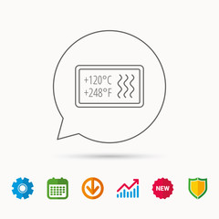 Heat resistant icon. Microwave or dishwasher information sign. Attention symbol. Calendar, Graph chart and Cogwheel signs. Download and Shield web icons. Vector