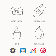 Retro phone, bath towel and electric plug icons. Water drop linear sign. Calendar, Graph chart and Cogwheel signs. Download colored web icon. Vector