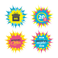 90 percent sale gift box tag sign icon.