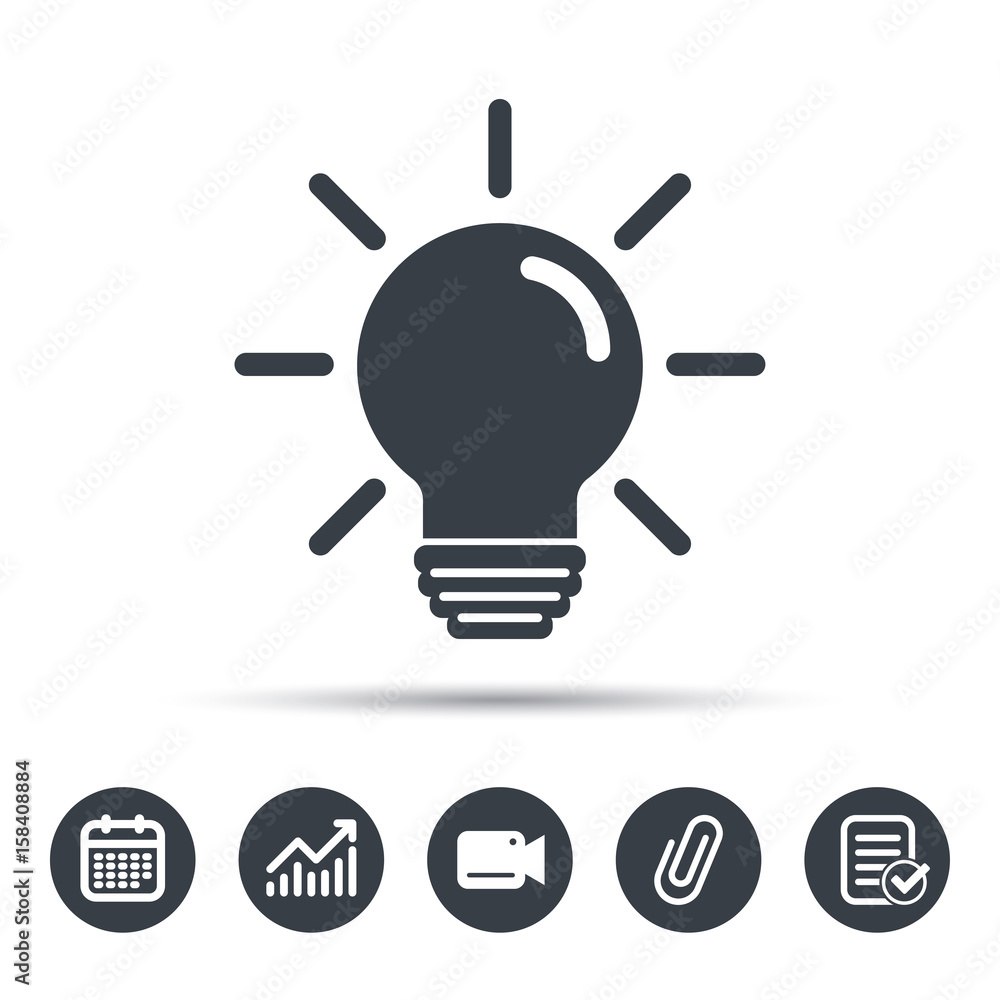 Poster Light bulb icon. Lamp sign. Illumination technology symbol. Calendar, chart and checklist signs. Video camera and attach clip web icons. Vector
