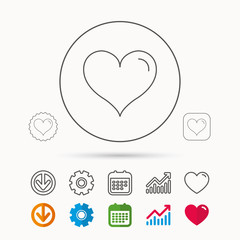 Love heart icon. Life sign. Calendar, Graph chart and Cogwheel signs. Download and Heart love linear web icons. Vector