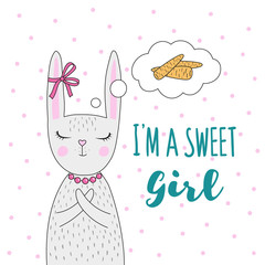 Cute bunny girl with a ribbon on the ear. Vector illustration is suitable for prints on kid's T-shirts, greeting cards, posters, invitations, notepads.