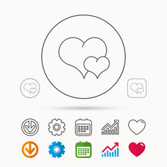Love heart icon. Couple romantic sign. Calendar, Graph chart and Cogwheel signs. Download and Heart love linear web icons. Vector