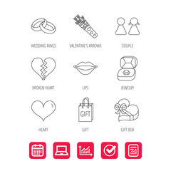 Love heart, kiss and wedding rings icons. Broken heart, couple and gift box linear signs. Valentine amour arrows flat line icons. Report document, Graph chart and Calendar signs. Vector